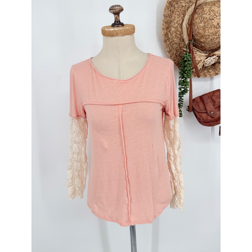 Sundance M Pink Lace Round Neck Sleeve Raw Hem Long Sleeve Top Peach Boho